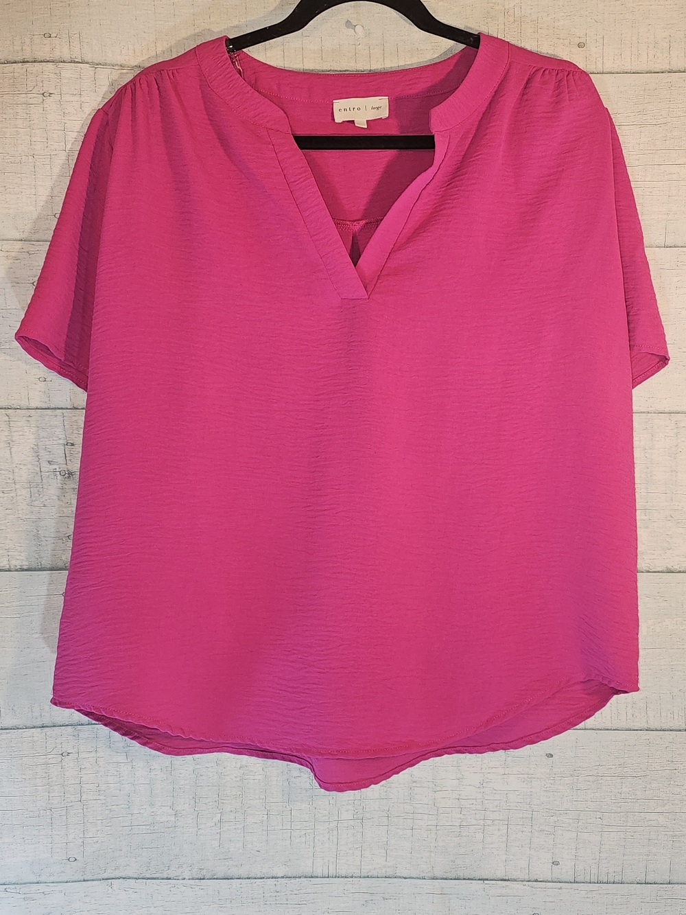 entro Hot Pink Split V-Neck Short Sleeve Blouse Large